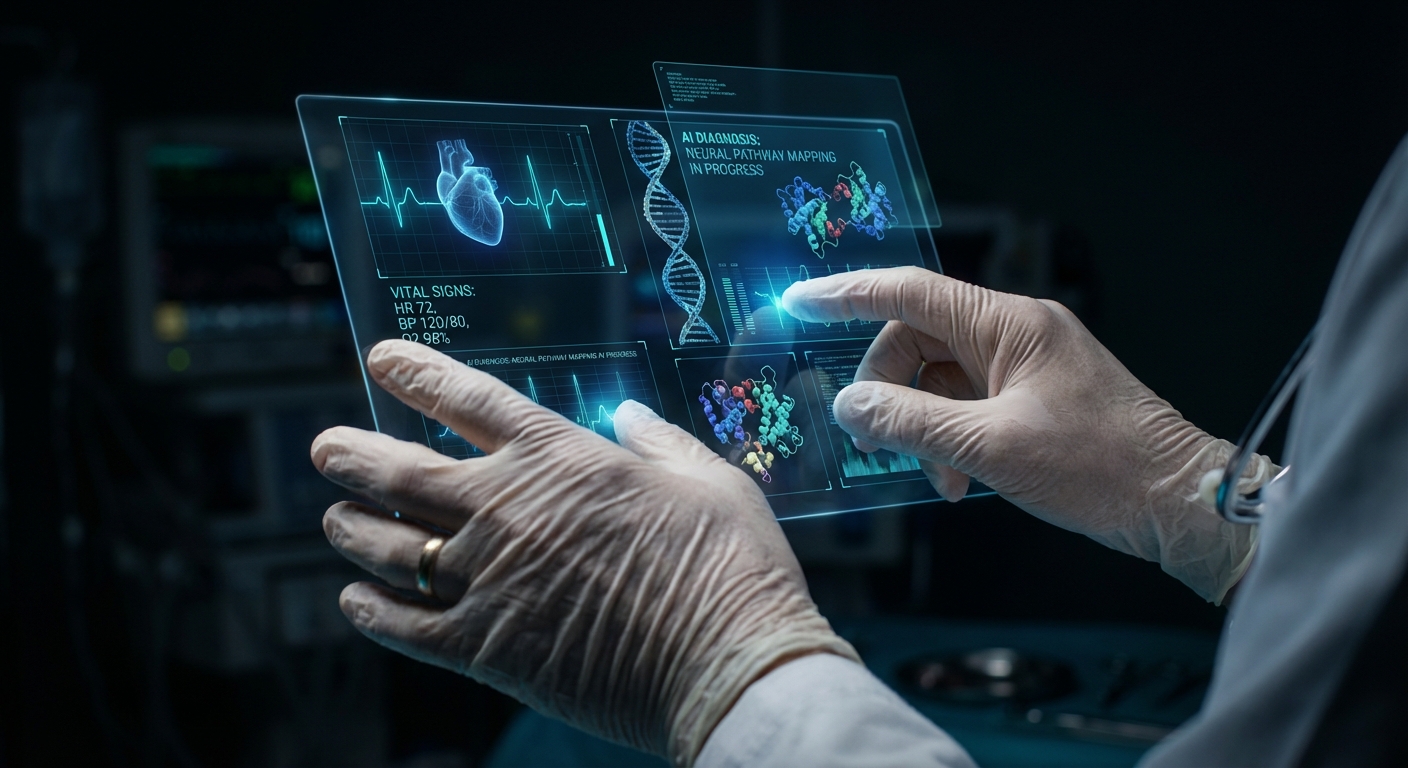 Médico interagindo com interface holográfica de IA — diagnóstico aumentado